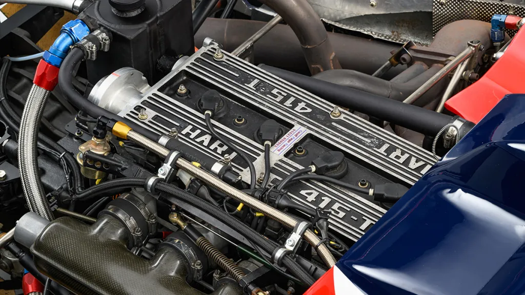 Turbocharged Hart 415T engine in Ayrton Senna first F1 car Toleman TG183B