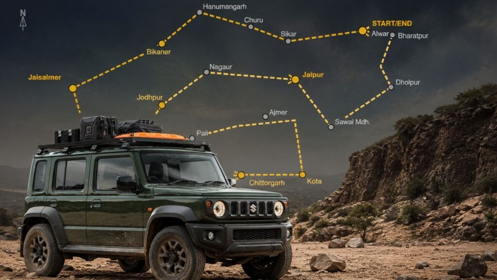 Suzuki Jimny parked during an overland road trip in Monsoon Rajasthan with a complete travel route map covering Alwar, Jaipur, Jaisalmer, Bikaner, Chittorgarh, Kota, Mount Abu and other destinations.